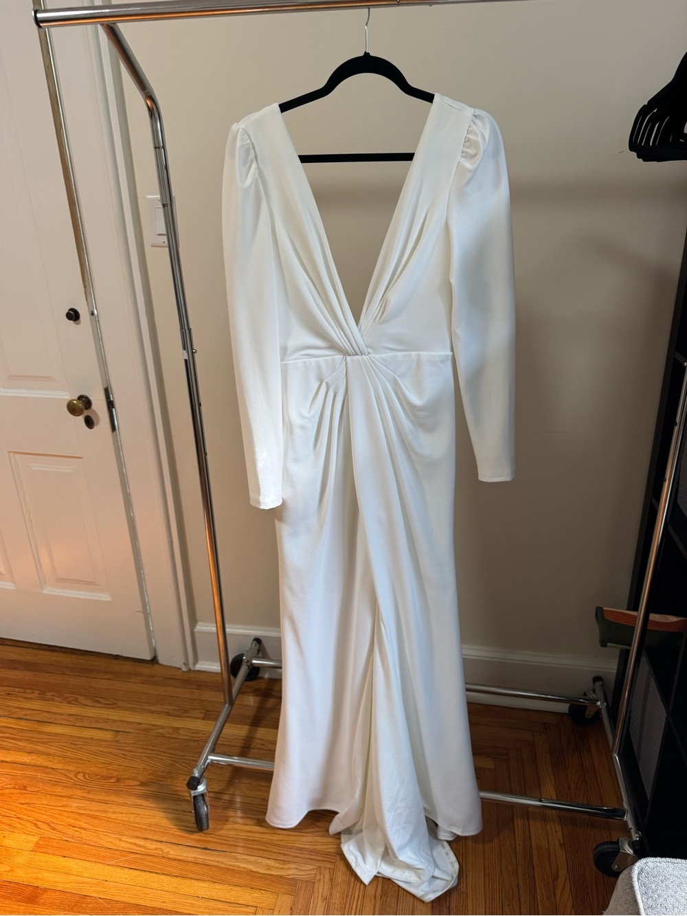 Lulu's White Plunge V-Neck Long-Sleeve Gown